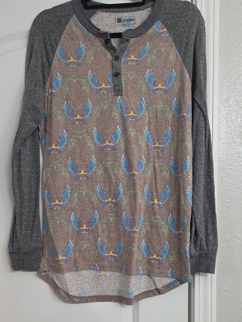 LuLaRoe Men's Long-Sleeve Henley in Brown, Gray & Blue Accent